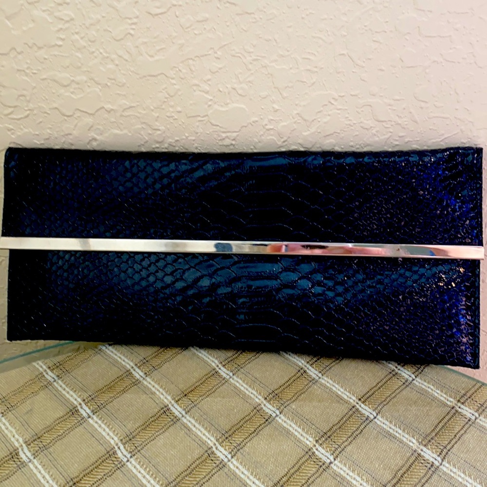 Black snake skin print clutch with silver chain
